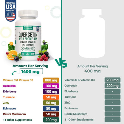 Quercetin with Bromelain, Immune Blend Supplements with Zinc Elderberry Vitamin C & D 5000 IU, Artemisinin, Irish Sea Moss, Echinacea, Garlic, Turmeric, Reishi and Ginger Powder, 1400 mg