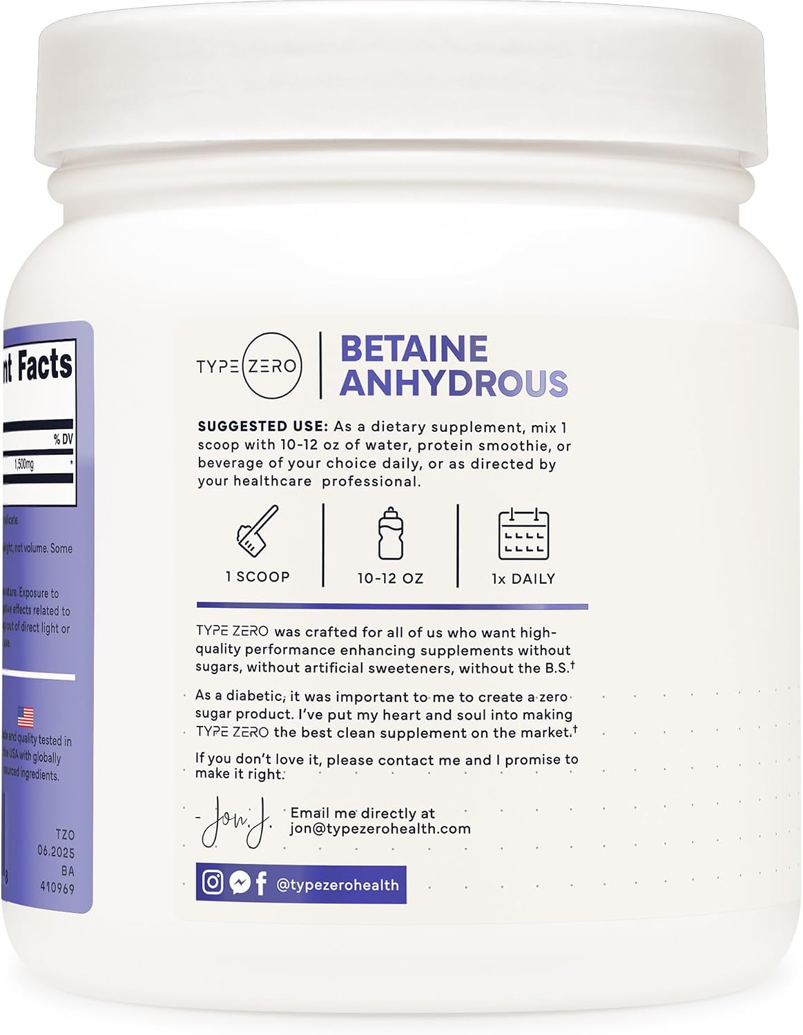 Type Zero Betaine Anhydrous Powder (1 LB) Unflavored, 1,500mg Per Serving | Clean Betaine Anhydrous Supplement, TMG, Trimethylglycine, Keto, GMO-Free