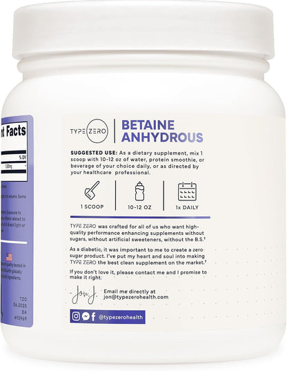 Type Zero Betaine Anhydrous Powder (1 LB) Unflavored, 1,500mg Per Serving | Clean Betaine Anhydrous Supplement, TMG, Trimethylglycine, Keto, GMO-Free