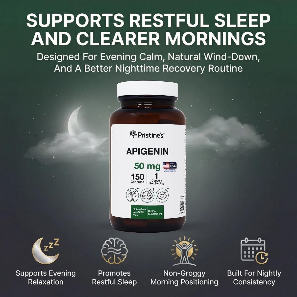 PRISTINE'S Apigenin 50mg Sleep Support Capsules, Vegan, 150 Day Supply | Evening relaxation and calm support in a simple one-capsule routine. 150 day supply, vegan, non-GMO, gluten-free