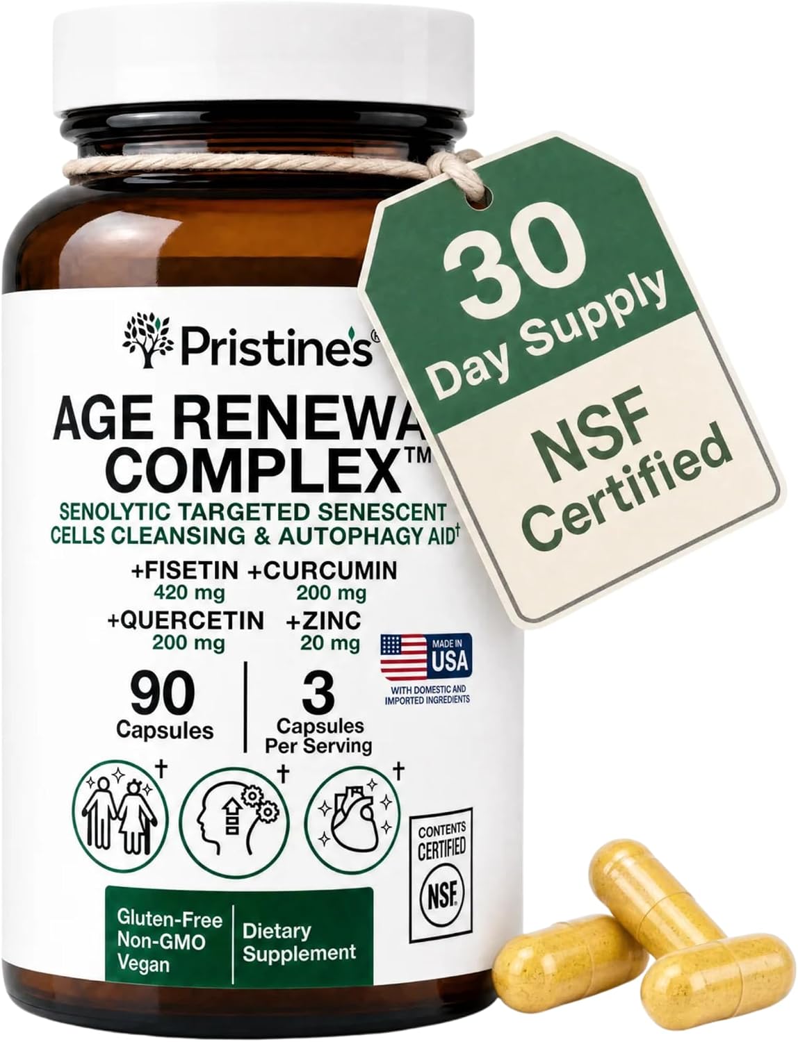 PRISTINE'S Age Renewal Senolytic Autophagy Capsules, NSF Certified, Vegan | Fisetin, quercetin, curcumin and zinc for healthy aging routines. NSF Certified, vegan, non-GMO, gluten-free, 30 servings