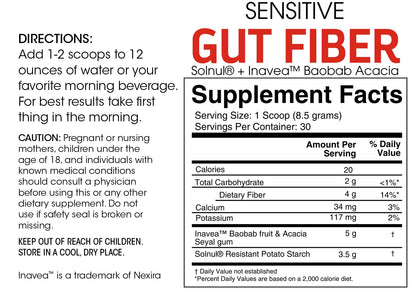 Silver Fern Sensitive Gut Fiber Supplement - Each Tub = 30 Scoops | 30 Day Supply - 6 Grams of Dietary Fiber Per Serving - with Galactomannan Guar Fiber, Baobab Fruit Powder (1 Tub)