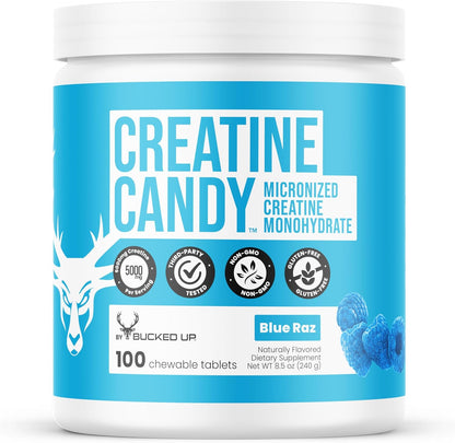 Bucked Up Creatine Candy Blue Raz | Micronized Creatine Monohydrate | 120 Chewable Tablets, 24 Servings | Fizzy Creatine No Water Needed | Non GMO Gluten Free Third Party Tested