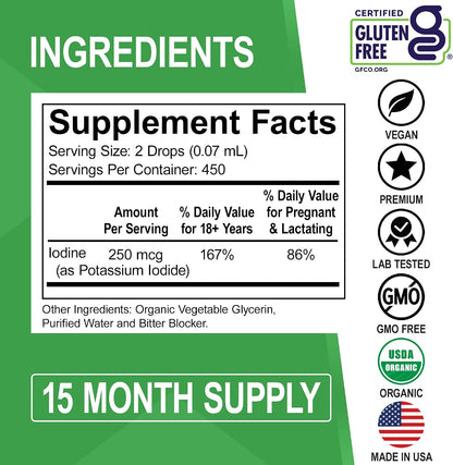 Iodine Liquid Drops Potassium Iodide - 1 Year Supply Pure Clear Organic Iodine Drops Supplement Plus Thyroid Support - Organic Potassium Iodide Liquid Supplement Tincture Thyroid Supplements 1 Fl Oz