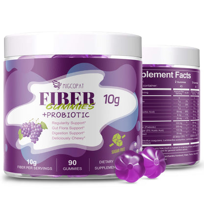 Migcopat 10G Fiber Gummies for Adults, No Sugar Added Grape Flavor, Fiber Supplement with 30 Billion CFU Probiotics Blend, ACV, Vitamin C, Inulin, Support Digestive Health, 90 Count