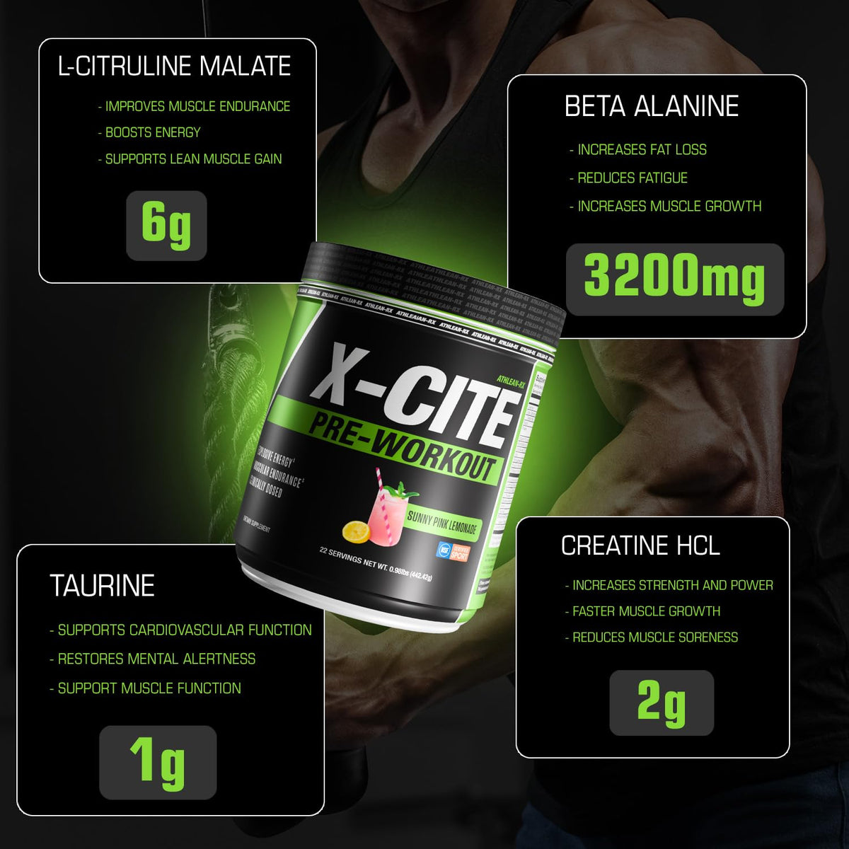 X-CITE Pre-Workout by ATHLEAN-X - Enhanced Formula with Beta-Alanine, Creatine & Caffeine for Ultimate Energy, Endurance, Focus & Muscle Pump, NSF Certified for Sports (Cherry Lemon Ice)