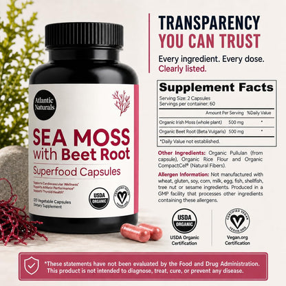 Atlantic Naturals Sea Moss with Beet Root Capsules - Premium Quality Multivitamin Supplement - Sea Moss Superfood to Support Immune Health, Blood Flow, Joint Health & Athletic Performance - 120 ct