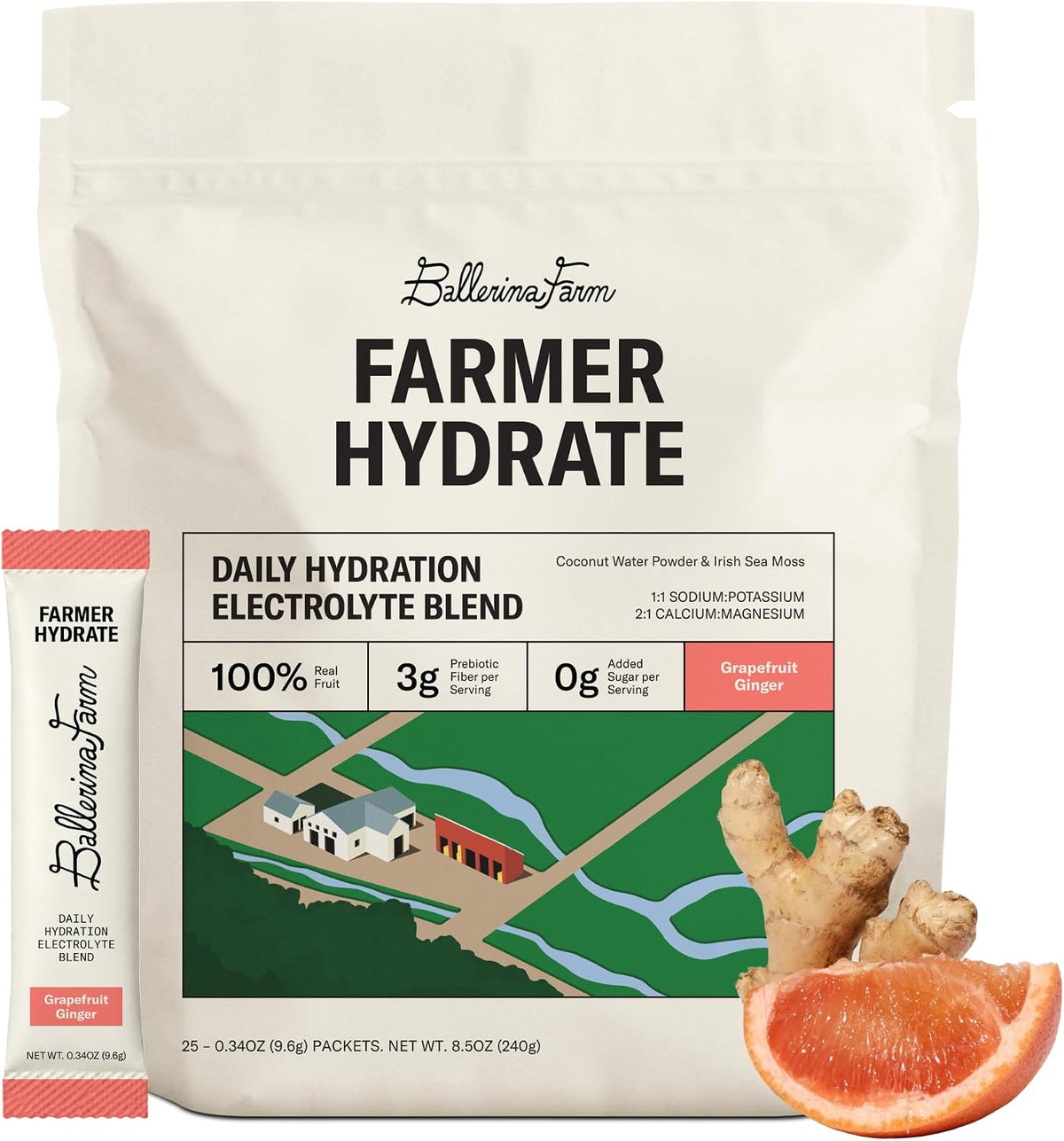 Ballerina Farm Farmer Hydrate Grapefruit Ginger Electrolyte Powder Packets | Travel Ready, Coconut Water, Irish Sea Moss, French Sea Salt, 210mg Sodium, 25 Count