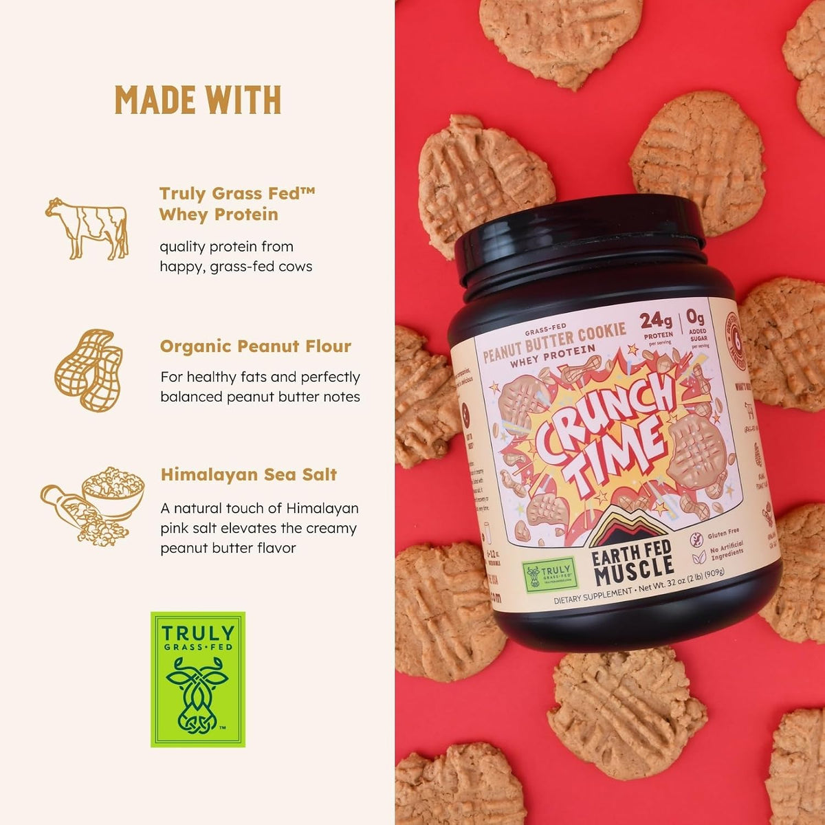 Earth Fed Muscle Crunch Irish Whey Protein, Peanut Butter Cookie | Irish grass-fed whey protein with real peanut flour. Peanut butter cookie flavor, Third-Party Certified. 2 lb tub.