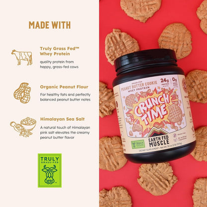 Earth Fed Muscle Crunch Irish Whey Protein, Peanut Butter Cookie | Irish grass-fed whey protein with real peanut flour. Peanut butter cookie flavor, Third-Party Certified. 2 lb tub.