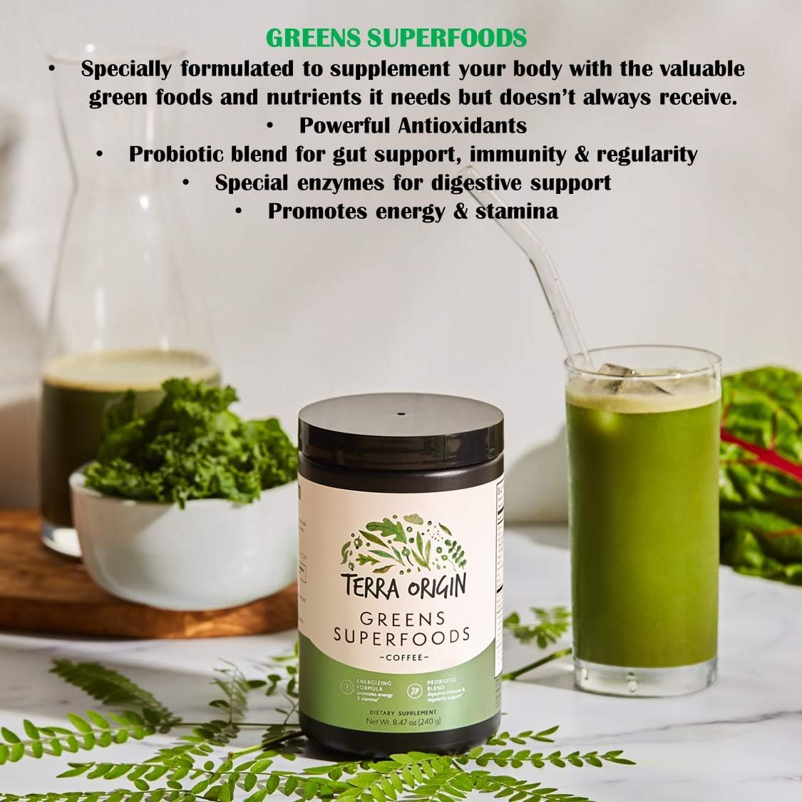 TERRA ORIGIN Superfoods Greens Blend | Organic Vegetable Supplement with Tumeric, Milk Thistle, Green Tea, Chlorella | Non-GMO, Gluten-Free, Vegan | Coffee | 30 Servings
