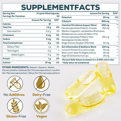 Tributyrin Supplement for Gut & Immune 800mg | High Bioavailability with Microencapsulated Probiotics & Prebiotics - Advanced Liquid-Filled Tributyrin Complex, Gluten Free, 90 Capsules