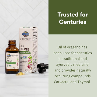 Garden of Life Organics Oil of Oregano Seasonal Drops 1fl oz (30 mL) Liquid, Concentrated Plant Based Immune Support - Alcohol-Free, Organic, Non-GMO, Vegan & Gluten Free Herbal Supplements