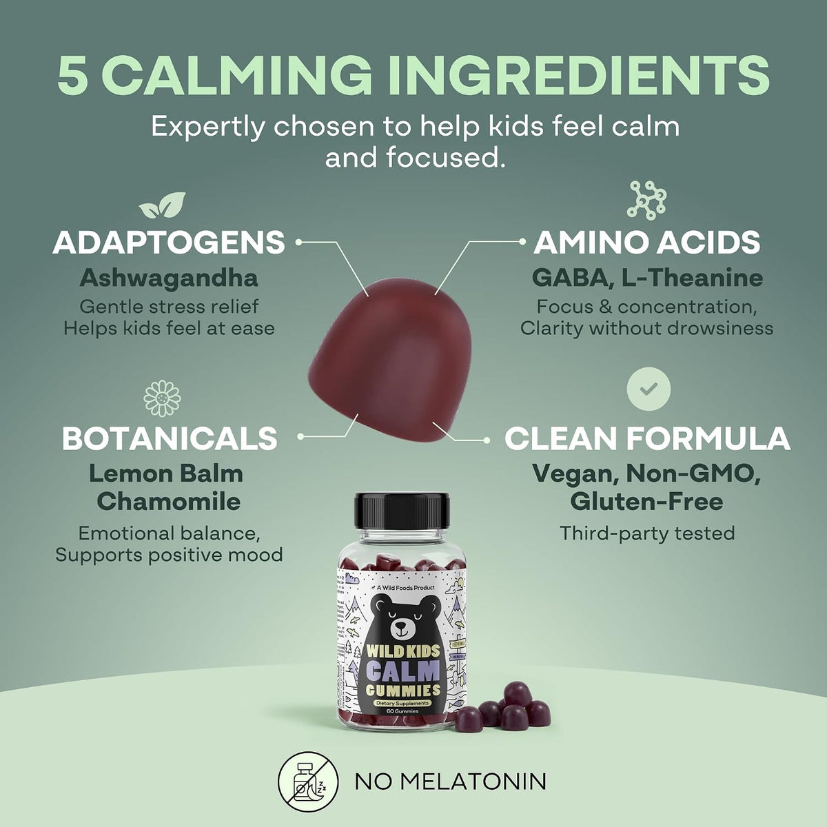 Wild Foods Kids Calm Gummies - Ashwagandha Gummies for Kids w/GABA, L-Theanine, Lemon Balm & Charmomile - Support Natural Relaxation, Stress Relief & Sleep, for Children 4+, Berry Flavor, 60 Count