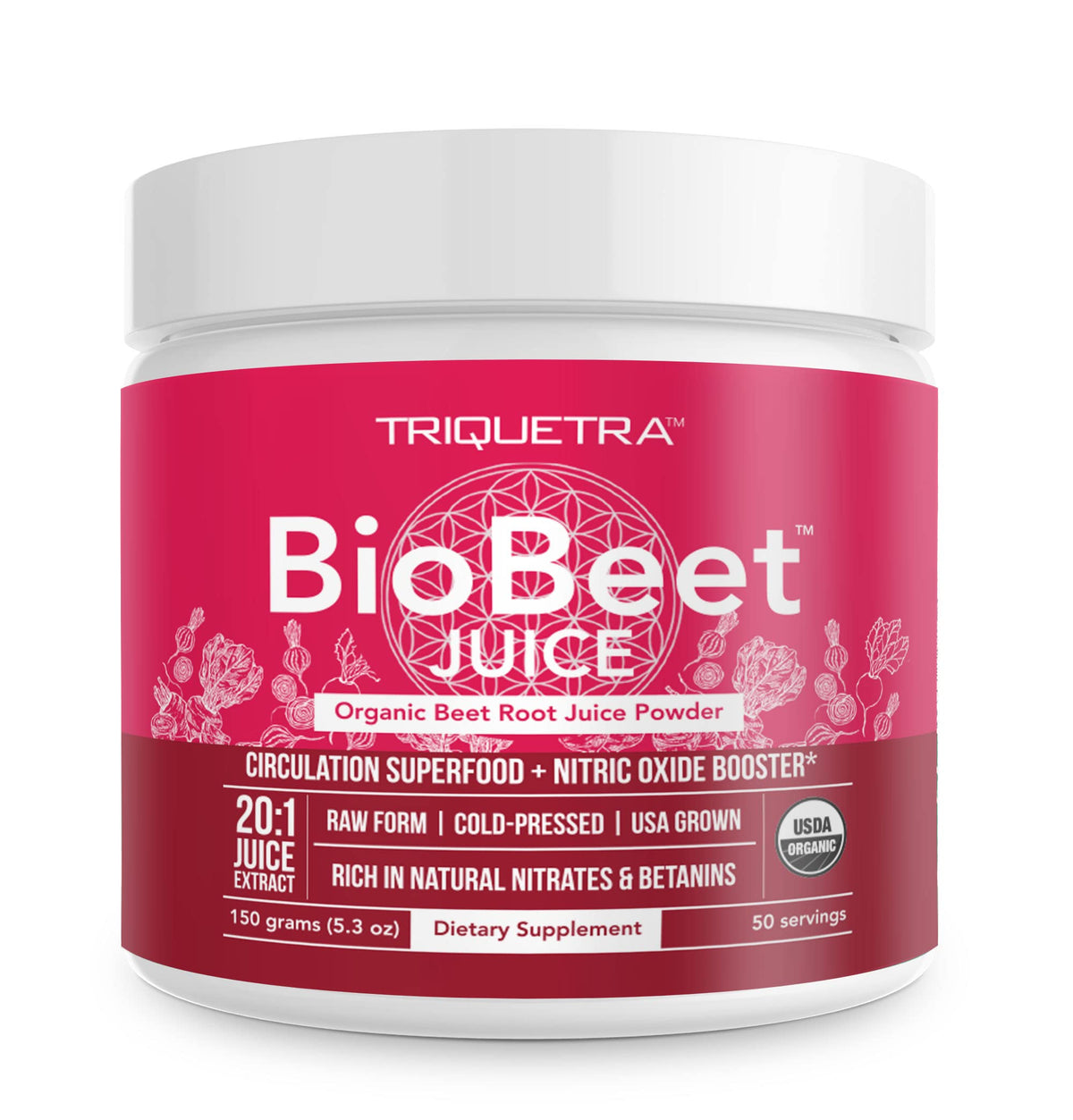 BioBeet® Max Strength Beet Root Juice Powder – 20:1 Concentrate, Each Serving Derived from 60,000 mg Organic Beetroot - Cold-Pressed, USA Grown – Nitric Oxide, Circulation Support – 50 Servings