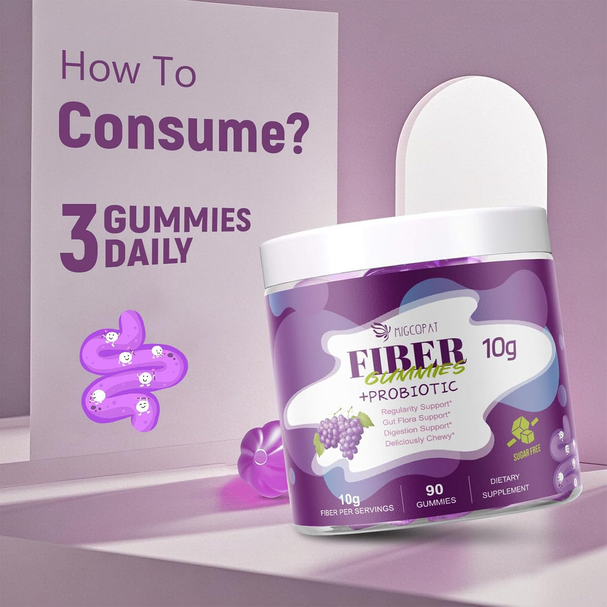 Migcopat 10G Fiber Gummies for Adults, No Sugar Added Grape Flavor, Fiber Supplement with 30 Billion CFU Probiotics Blend, ACV, Vitamin C, Inulin, Support Digestive Health, 90 Count