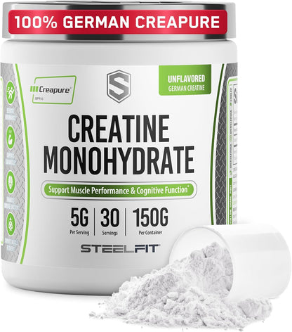 SteelFit Creapure Creatine Monohydrate Powder, Unflavored, 30 Servings | German Creatine Powder for Men, Women - Gym Workout Nutritional Supplements for Muscle Gain, Brain Health & Strength Building