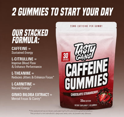 TASTY GAINS Caffeine Pre Workout Gummies – Fast Acting Energy Gummies for Men & Women, 25mg Caffeine Per Gummy, Workout Focus & Endurance Support
