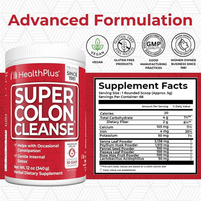 Health Plus Super Colon Cleanse Powder with Senna Leaf & Psyllium, 12 oz | Contains senna leaf, psyllium husk, and fennel seed, 68 servings; may support occasional constipation relief and cleansing