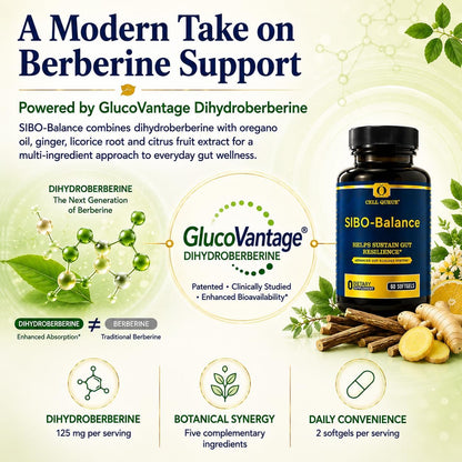 SIBO-Balance Gut Health Supplement with Dihydroberberine 60 Softgels | with Oregano Oil, Ginger, GutGard® Licorice & MicrobiomeX® Citrus | Supports Gut Microbial Balance, Digestive Health