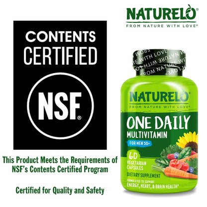 NATURELO Mens Multivitamins for Men 50+ - One Daily Multivitamin for Men with Vitamins, Minerals & Organic Whole Foods, Boost Energy & Health, Non-GMO, 60 Vegetarian Capsules