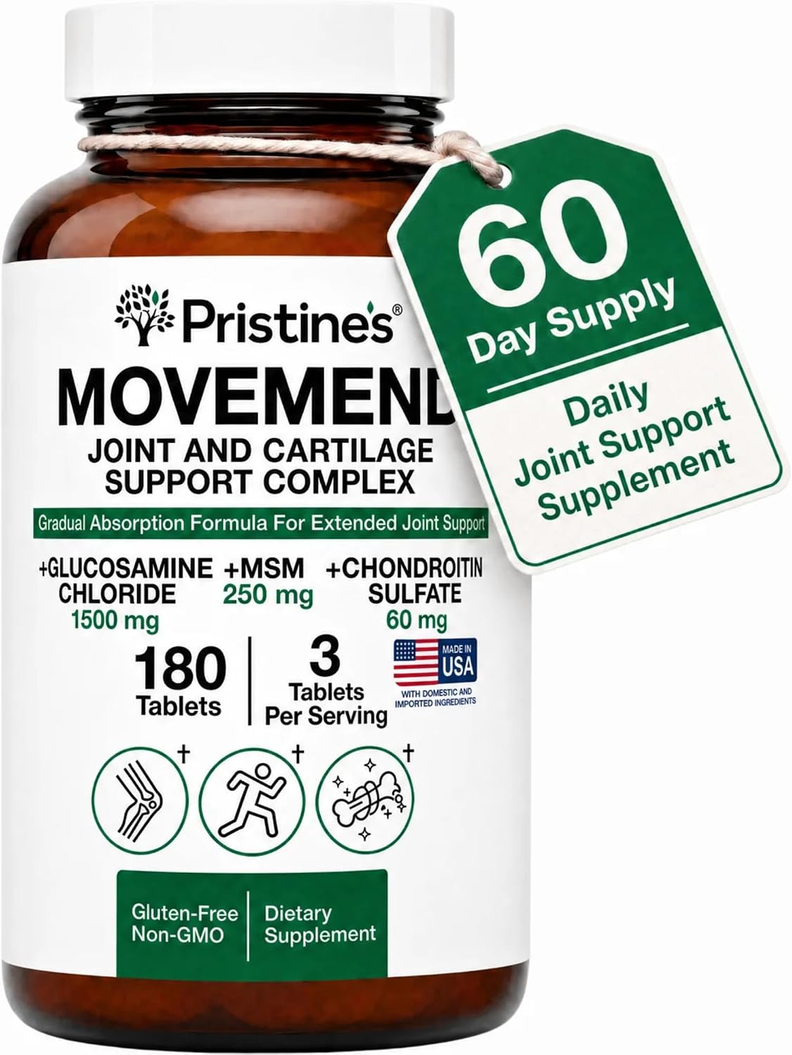 PRISTINE'S Movemend Glucosamine MSM Chondroitin Joint Support, 180 Tablets | Hyaluronic acid, Collagen Peptides, Vitamin C, Boswellia, Curcumin, Ginger, and Black Pepper For Joint Comfort and Mobility.