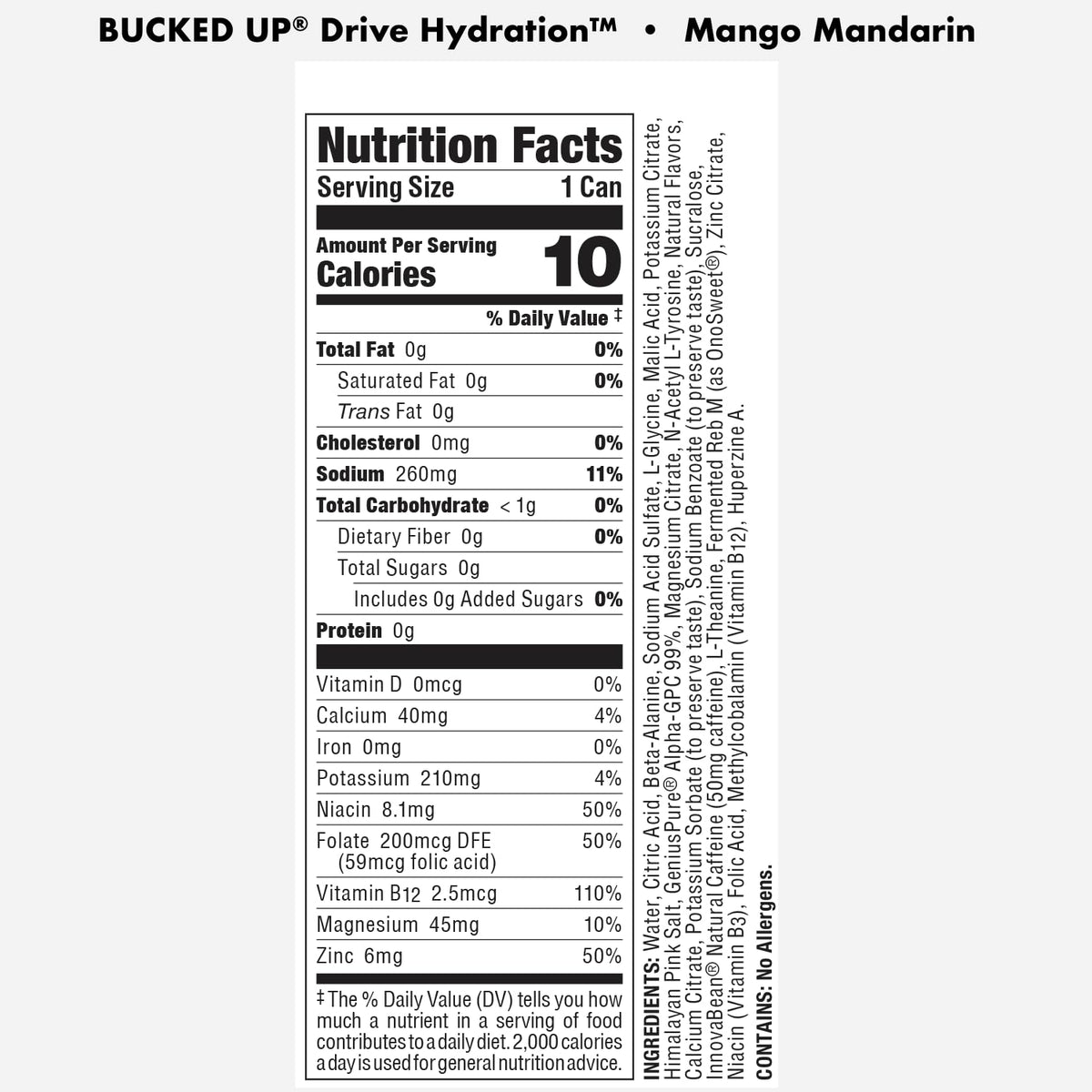 Bucked Up Drive Hydration and Energy | Zero Sugar Electrolyte Drink with GeniusPure Alpha-GPC & 50mg Natural Caffeine | No Artificial Colors | Performance Hydration Beverage | 12 Pack, 16 fl oz Cans | (Mango Mandarin)