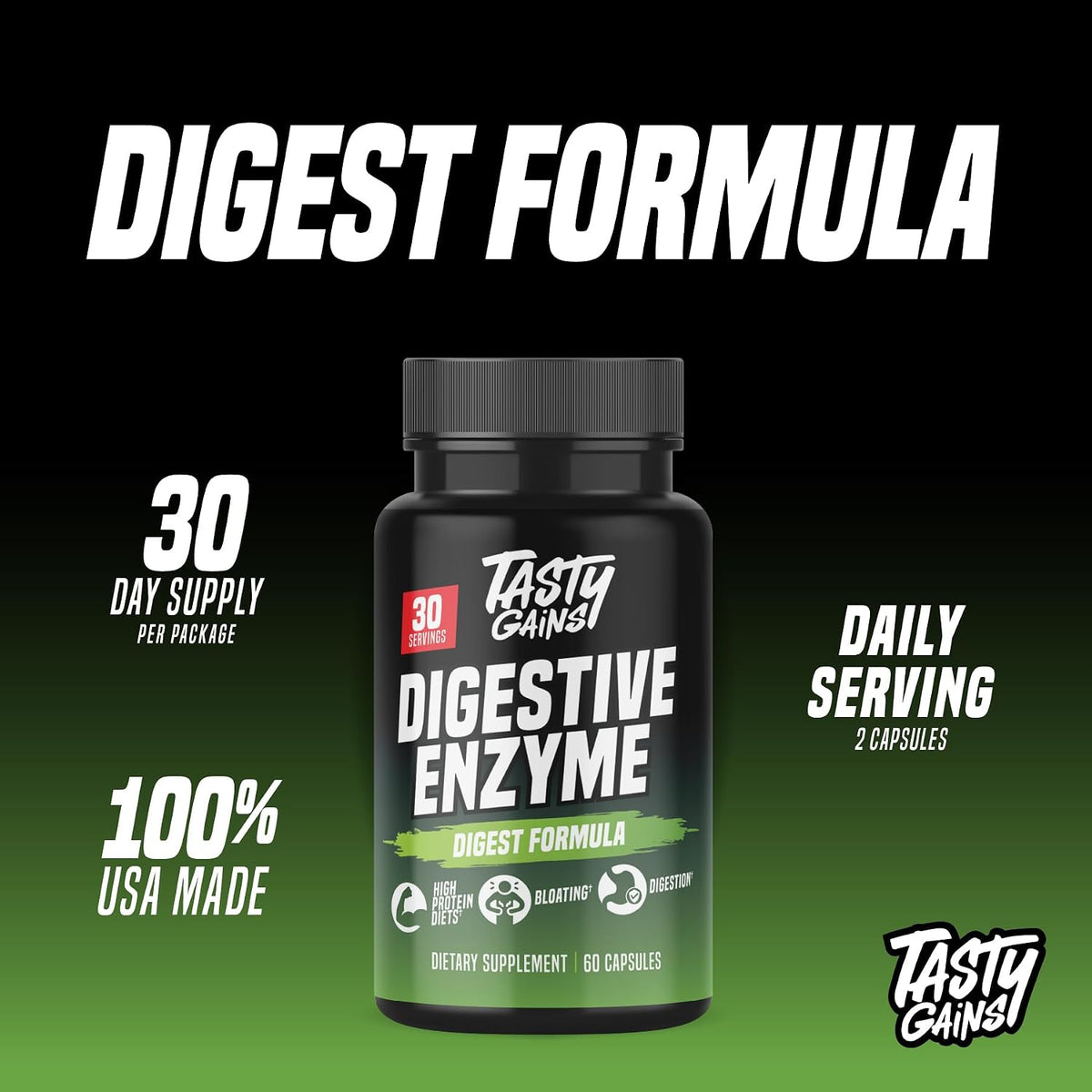 TASTY GAINS - Complete Digestive Enzymes Supplement for Gut Health - Bloating Relief for Men and Women - Enzymes for Digestion - Food Discomfort Relief & Debloat (60 Capsules)