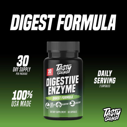 TASTY GAINS - Complete Digestive Enzymes Supplement for Gut Health - Bloating Relief for Men and Women - Enzymes for Digestion - Food Discomfort Relief & Debloat (60 Capsules)
