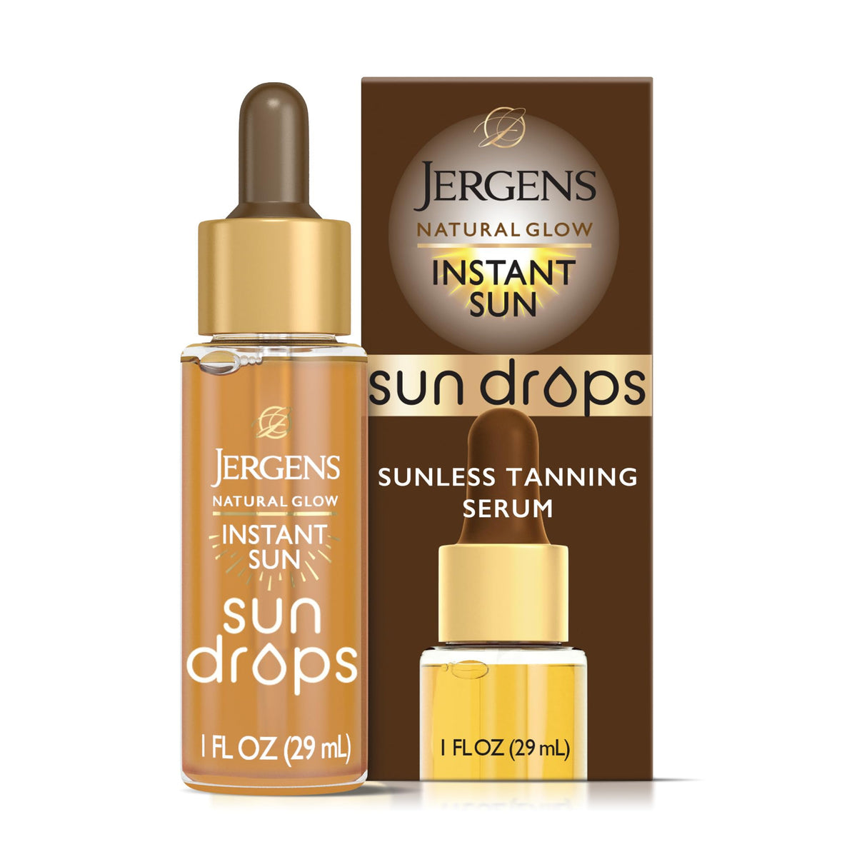 Jergens Natural Glow Instant Sun Drops, Sunless Tanning for Face and Body, Instant Sun Bronzing Drops, Oil Free, 1 Fl Oz