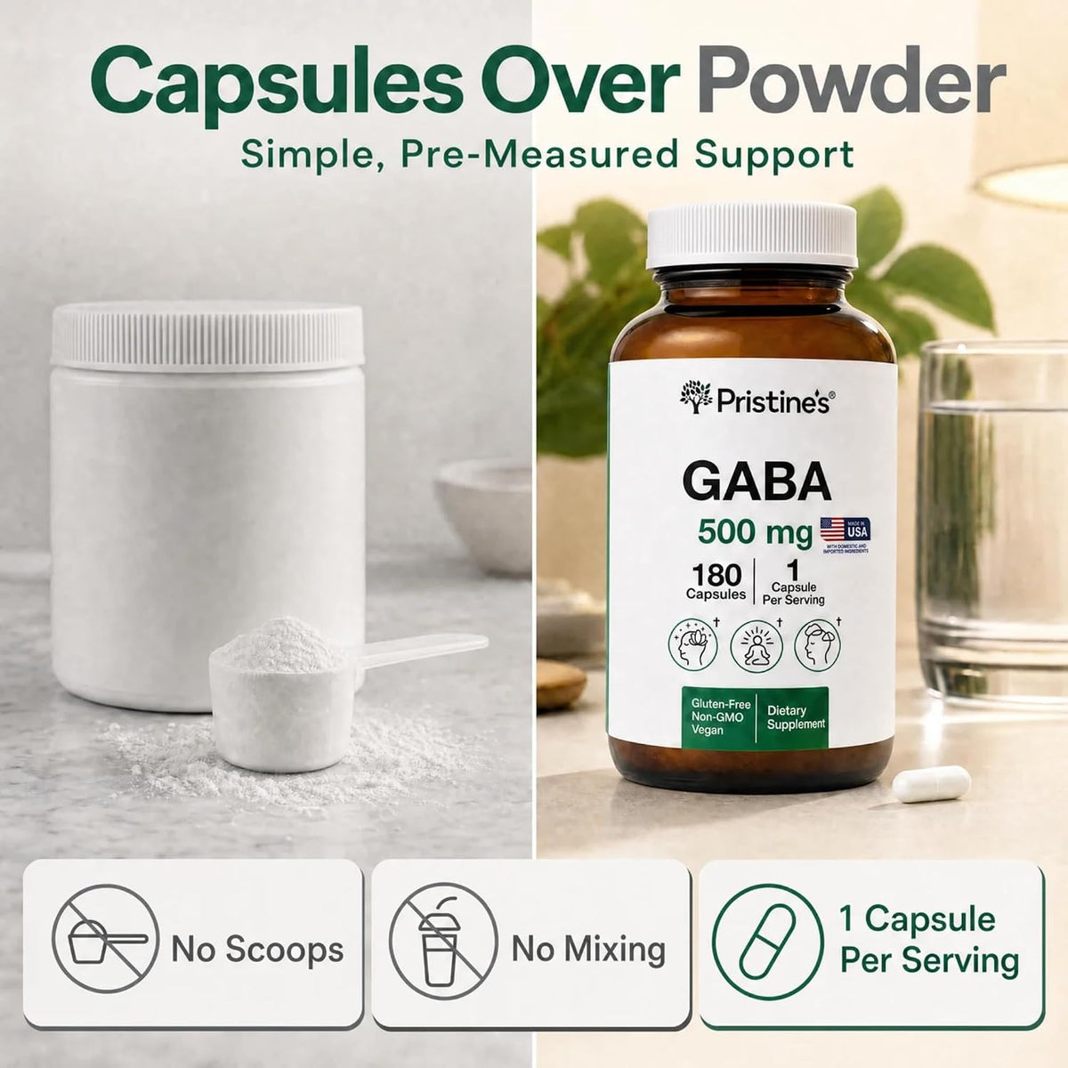 PRISTINE'S GABA 500mg Capsules Sleep Support, Relaxation, 180 Count, Vegan | Evening calm and relaxation support for a simple sleep routine. 180 servings, vegan, non-GMO, gluten-free glass bottle