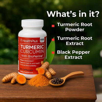 Health Plus Turmeric Curcumin with BioPerine, 90 Capsules, 30 Servings | 150mg Turmeric Extract 95% Curcuminoids with BioPerine, no preservatives; supports joint health and antioxidant protection