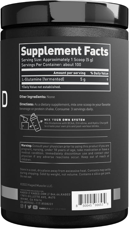 Kaged Muscle, L-Glutamine Powder 500 Gram, Vegan, Support Muscle Recovery, Post Workout, Glutamine, Banned-Substance Free, Unflavored, 100 Servings