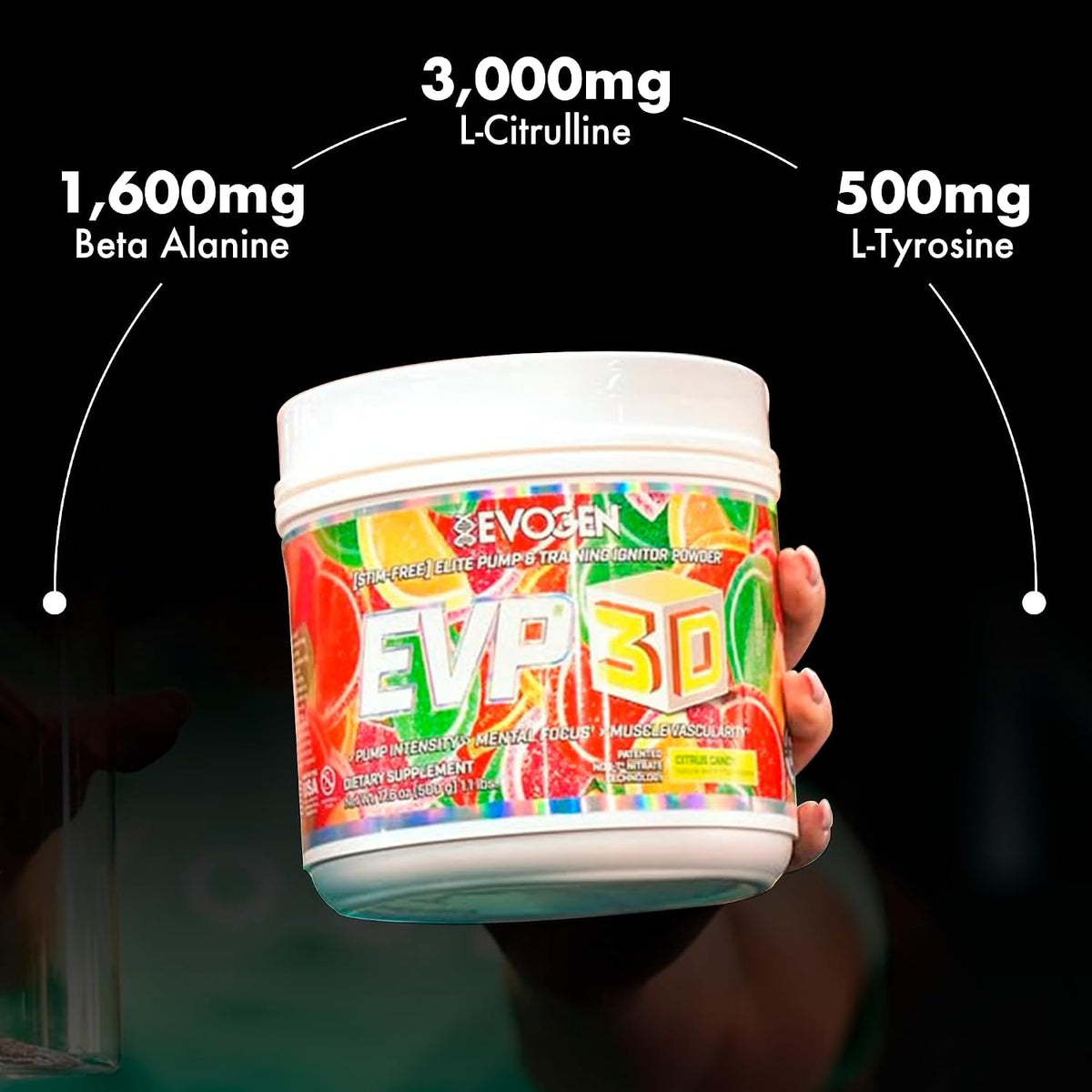Evogen EVP 3D Stim Free Pre-Workout | Citrus Candy | 40 Servings | Arginine nitrate, L-citrulline, beta-alanine and creatine with lion's mane, L-tyrosine and DMAE for pumps and focus