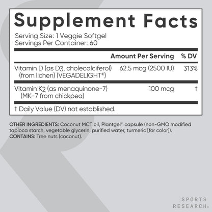 Sports Research® Vitamin D3 + K2 w/Coconut Oil - Vegan Vitamin D 2500iu (62.5mcg) & Mk7 Vitamin K 100mcg for Bone & Immune Support - Vegan Certified · Non-GMO · Soy Free - 60 Softgels