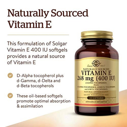 Solgar Vitamin E 268 MG (400 IU) (d-Alpha Tocopherol & Mixed Tocopherols), 100 Softgels - Supports Immune System & Skin Nutrition - Natural Antioxidant - Gluten Free, Dairy Free - 100 Servings