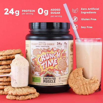 Earth Fed Muscle Crunch Irish Whey Protein, Peanut Butter Cookie | Irish grass-fed whey protein with real peanut flour. Peanut butter cookie flavor, Third-Party Certified. 2 lb tub.