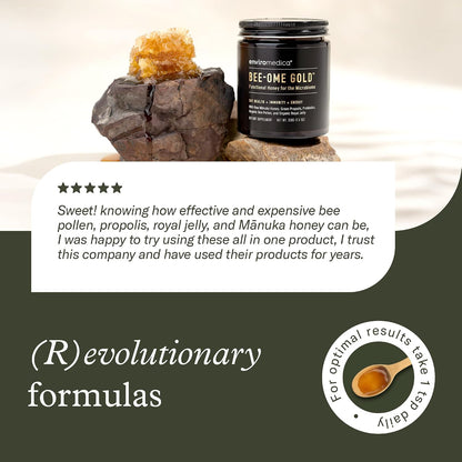 Bee-Ome Gold Raw Manuka Honey with Probiotics & Royal Jelly, 7.4oz | Unpasteurized raw Manuka honey with bee pollen & propolis. Functional superfood honey by Enviromedica. 7.4 oz.
