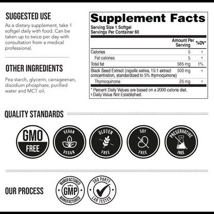Black Seed Oil Softgels | 5% Thymoquinone - TQ-Advanced® | High Potency - 500 mg per Capsule - 15:1 Concentrate from Nigella Sativa Extract, Raw Form, Vegan Formula, Glass Bottle (60 Softgels)