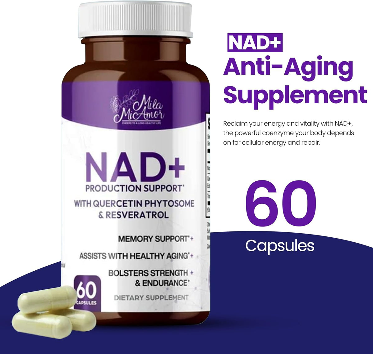 Mila Miamor NAD+ for Cellular Energy & Anti-Aging Supplement| Boost Focus, Vitality & Mitochondrial Function | Supports DNA Repair, Brain Health & Endurance | Non-GMO, Gluten-Free | 60 Capsules