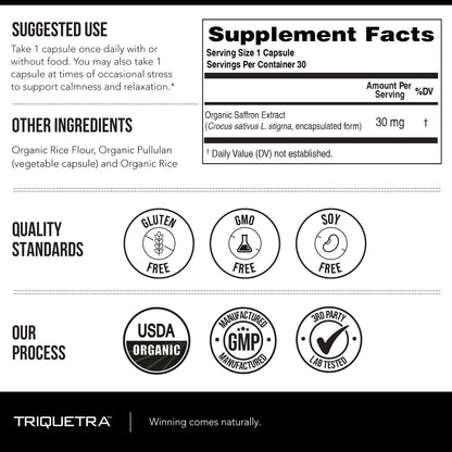 Organic Saffron Extract: Optimized Extract with Safromotivines, Safranal, and Crocins – Clinically Studied | Premium Persian Sargol Quality | Supports Mood, Calmness, and Relaxation – 30 Servings