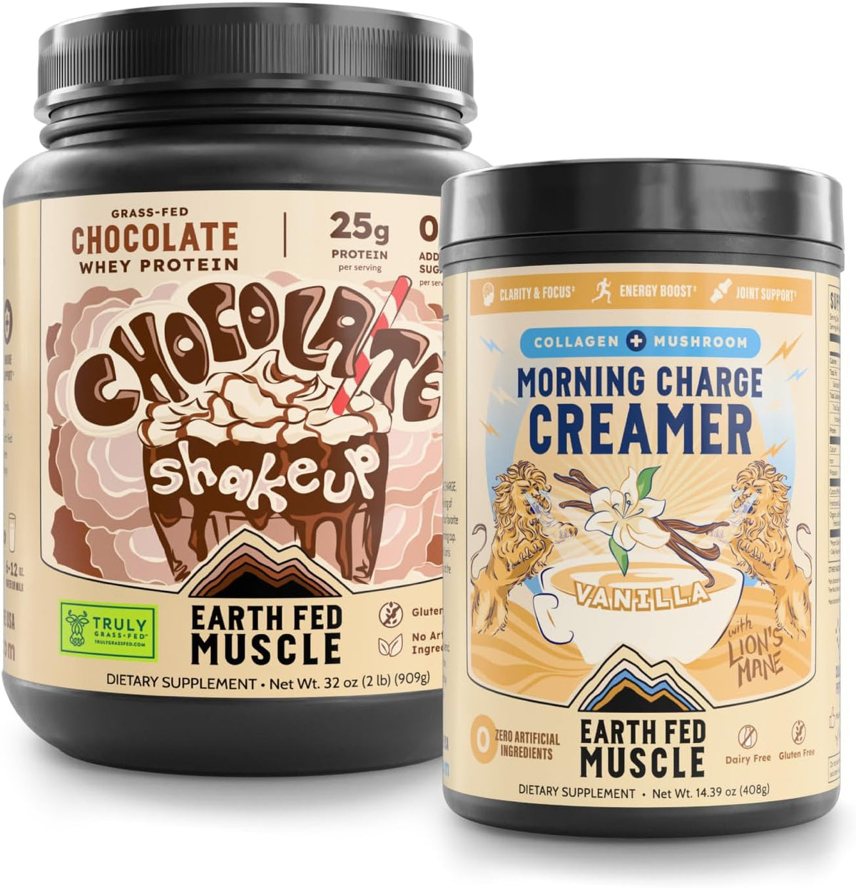 Earth Fed Muscle Grass‑Fed Whey + Lion’s Mane & Collagen Morning Charge Bundle