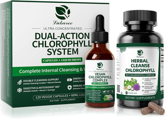 Liquid Chlorophyll Drops with Caps for Immune, Detox & Antioxidant | Chlorophyll Daily Combo for Digestion & Gut Health, Energy, Internal Deodorizer, Vegan, Sugar-Free, 2Oz + 120 Caps