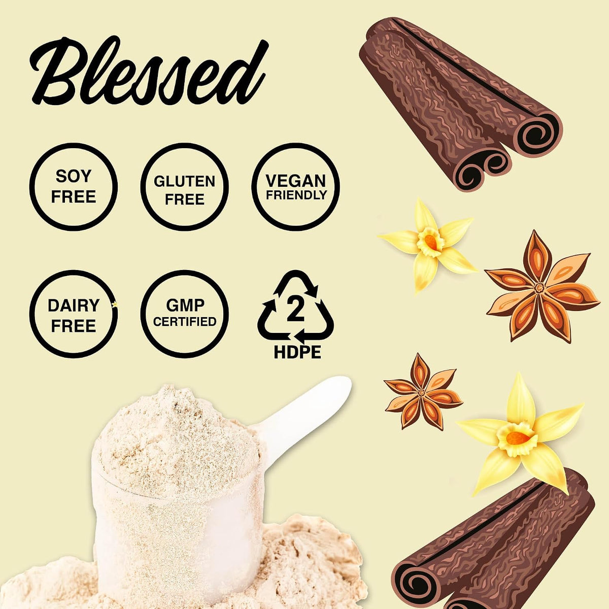 Blessed Vegan Protein Powder - Plant Based Protein Powder Meal Replacement Protein Shake, 23g of Pea Protein Powder, Dairy Free, Gluten Free, Soy Free, No Sugar Added, 30 Servings (Vanilla Chai)