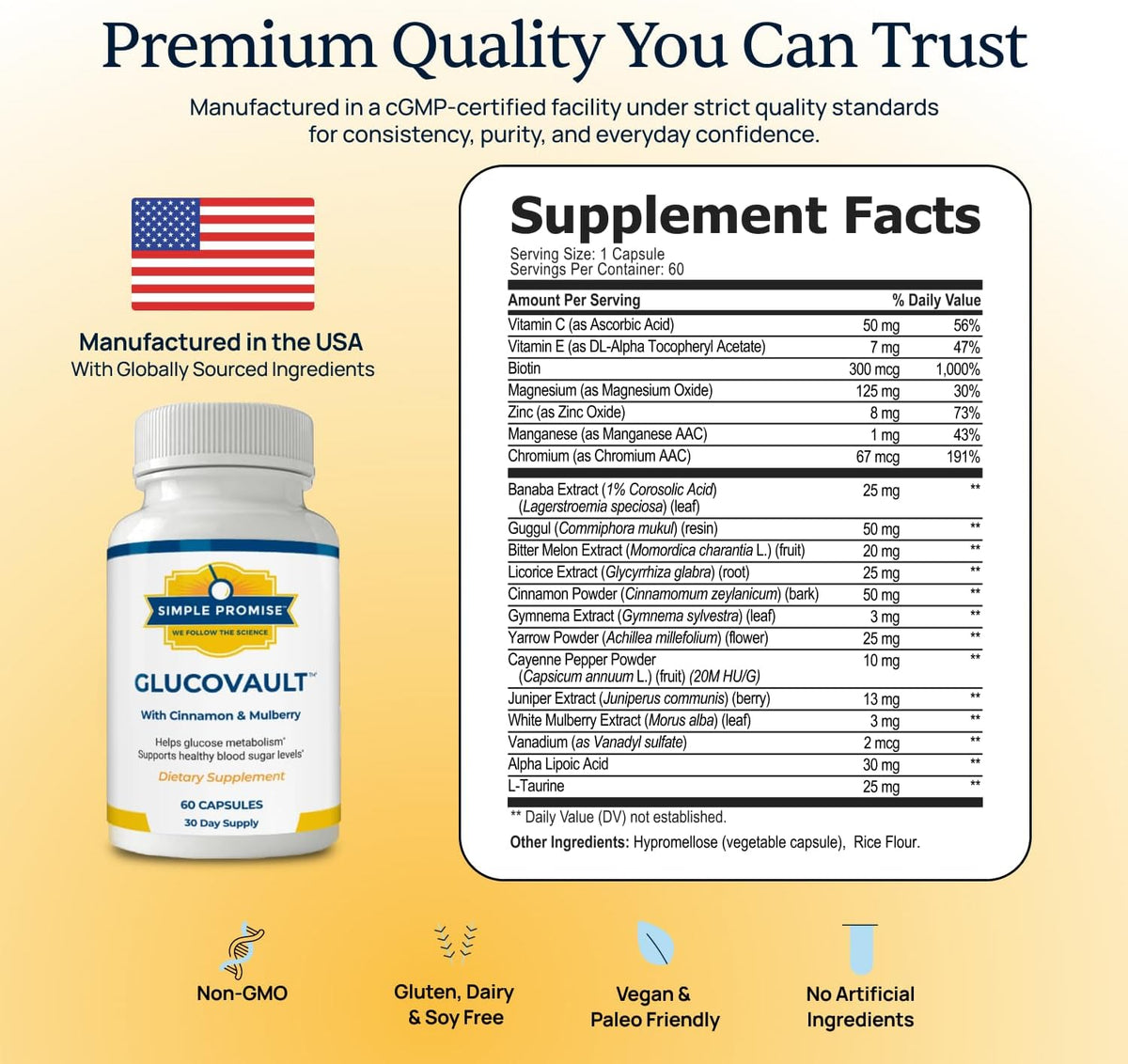 GlucoVault - Metabolic Wellness Capsules for Daily Balance - Bitter Melon | For Energy & Vitality, Mulberry Leaf and Chromium, One Scoop Daily, Non-GMO, 30 Servings