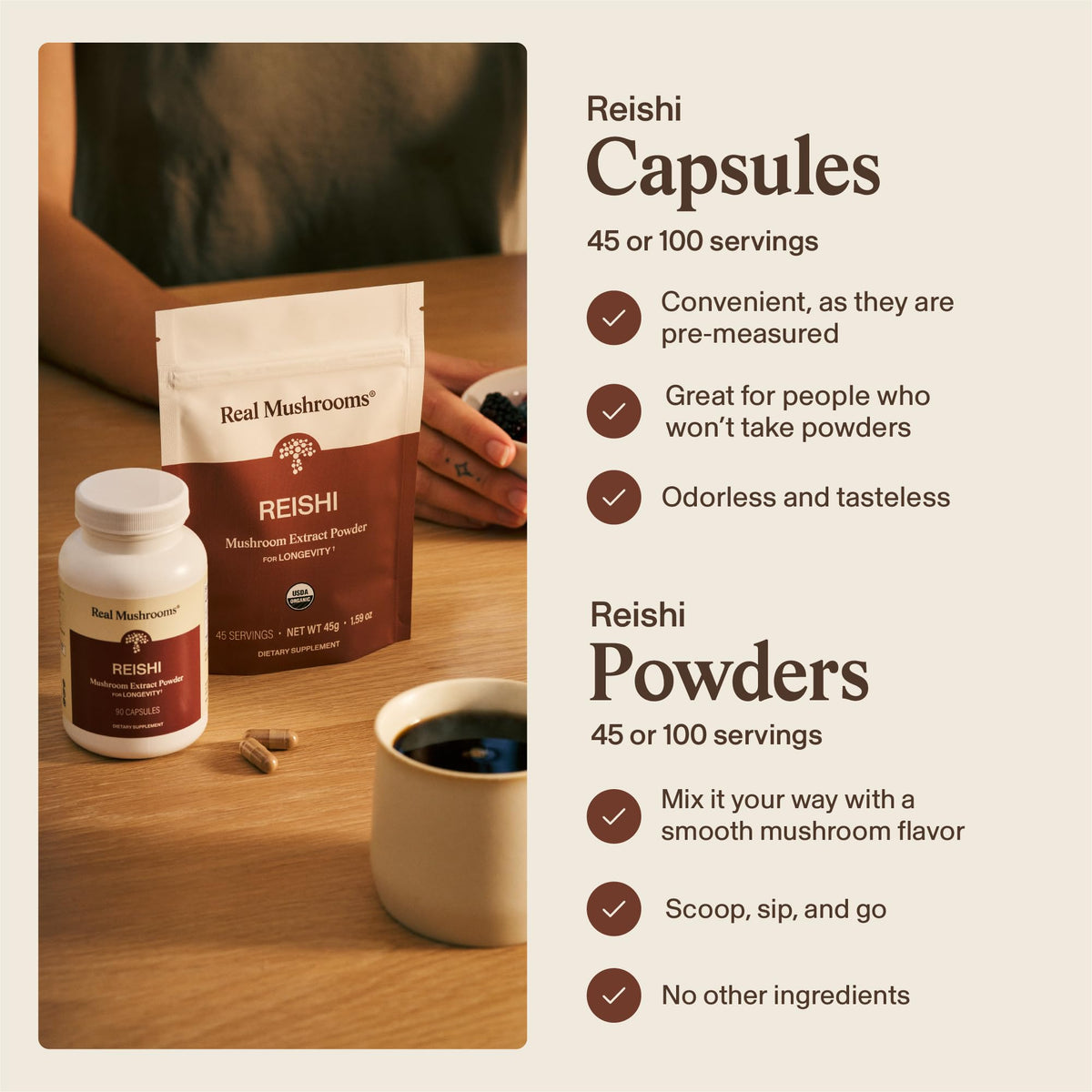 Real Mushrooms Reishi Mushroom Capsules - Handpicked Organic Mushroom Extracts - Red Reishi for Tranquil Daily Wellness with Verified Beta Glucans Vegan, Non-GMO, No Grain Fillers, 90 ct
