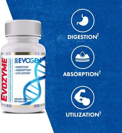 Evogen Evozyme Digestive Enzymes | Gut Health | 60 Capsules | Protease, lactase, amylase and lipase to break down proteins, carbs and fats for absorption and bloating relief