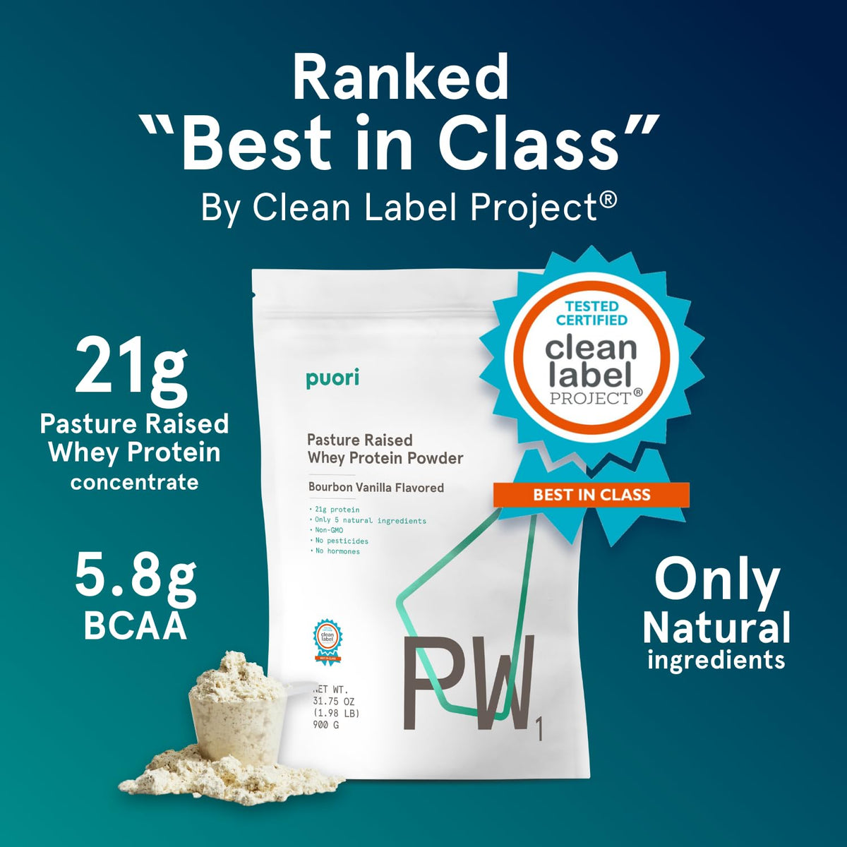 Puori Whey Protein Powder, Bourbon Vanilla - PW1 Pasture-Raised, Grass-Fed Whey Protein Powder Drink Mix containing BCAA Amino Acids - Post-Workout Supplement for Muscle Gain & Recovery - 30 Servings