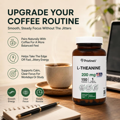 PRISTINE'S L-Theanine 200mg Capsules Sleep & Relaxation, Vegan, 150 Count | Calm focus, sleep and relaxation support without caffeine or stimulants. 150 count, vegan, non-GMO, gluten-free glass bottle