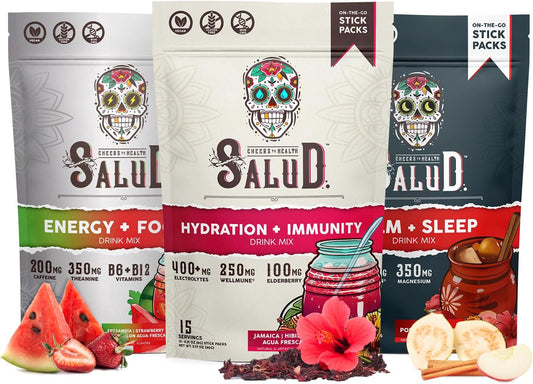 Salud Variety 3-Pack | 2-in-1 Hydration + Immunity (Hibiscus), Energy + Focus (Strawberry Watermelon) & Calm + Sleep (Punch) – 15 Servings Each, Non-GMO, Gluten Free, Low Calorie, 1g of Sugar